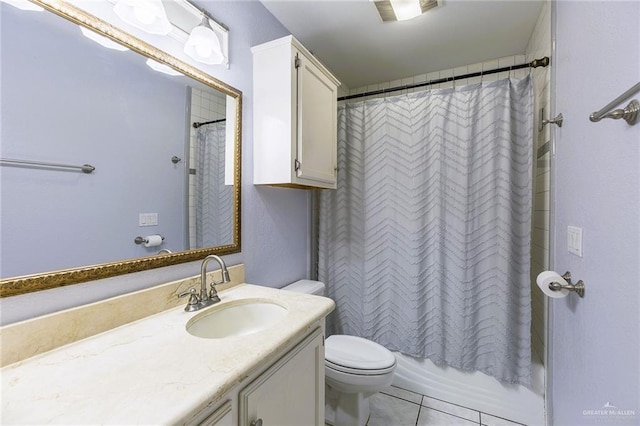 full bathroom with shower / bathtub combination with curtain, vanity, toilet, and tile patterned flooring