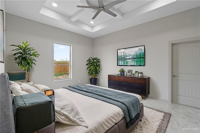 bedroom featuring beamed ceiling and ceiling fan