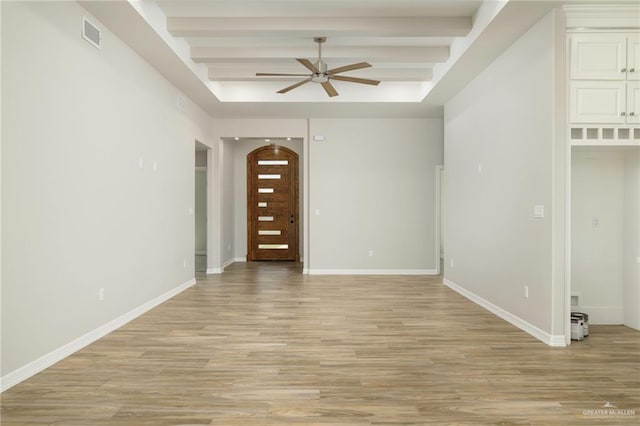 empty room with beam ceiling, visible vents, light wood-style floors, and baseboards