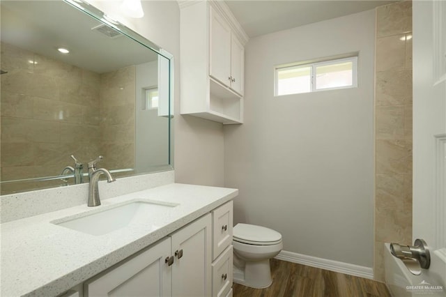 bathroom with toilet, vanity, baseboards, and wood finished floors