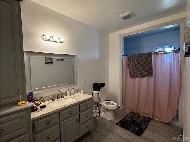 bathroom featuring a shower with shower curtain, vanity, toilet, and wood-type flooring