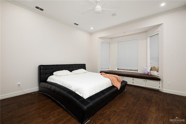 101 San Jacinto St, Mission, TX 78572 - bedroom with crown molding, dark wood-style flooring, ceiling fan, and recessed lighting