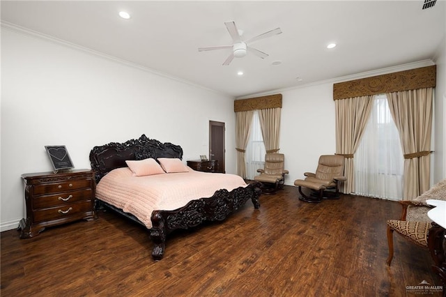 101 San Jacinto St, Mission, TX 78572 - bedroom with ornamental molding, wood finished floors, recessed lighting, and a ceiling fan