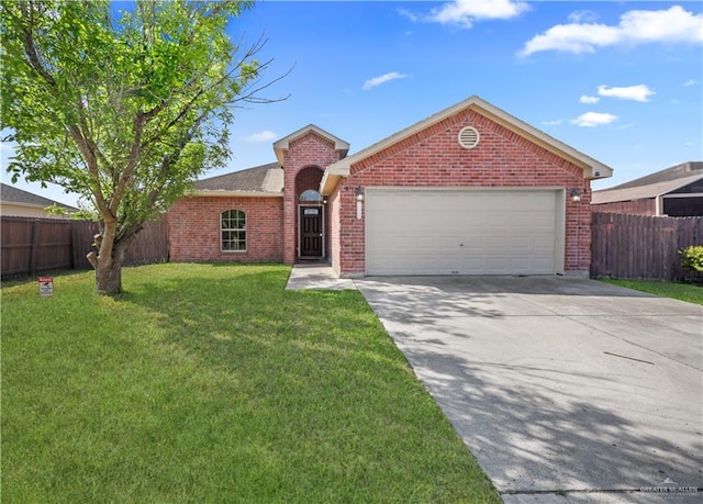 ranch-style house featuring brick siding, fence, concrete driveway, a front yard, and an attached garage