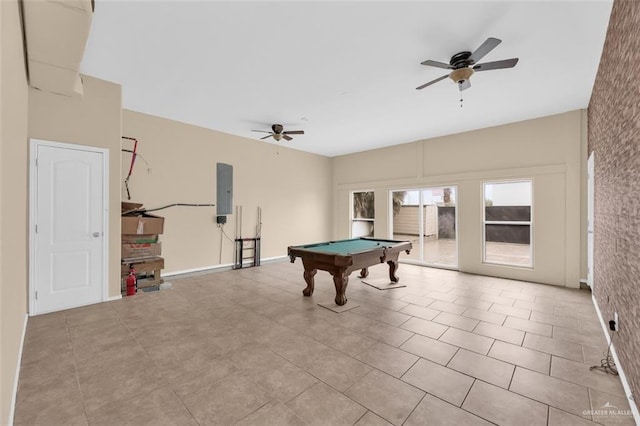 game room with electric panel, ceiling fan, light tile patterned floors, and billiards