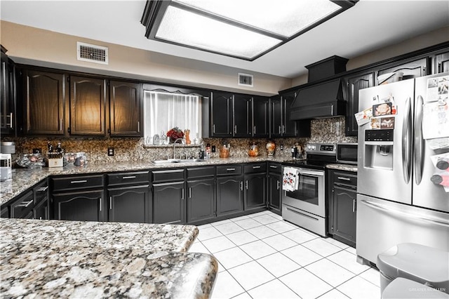 kitchen with appliances with stainless steel finishes, backsplash, premium range hood, sink, and stone countertops