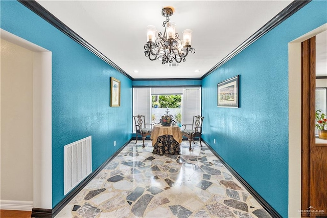 unfurnished dining area with visible vents, crown molding, and a textured wall