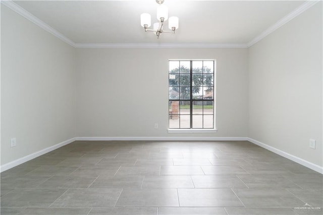 tiled empty room featuring a notable chandelier and crown molding