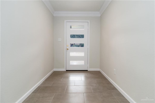 doorway to outside with crown molding and light tile patterned floors