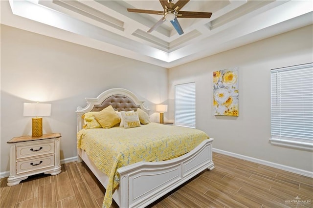 1518 Tierra Bella, Weslaco, TX 78596 - bedroom with wood tiled floors, baseboards, coffered ceiling, ceiling fan, and beamed ceiling