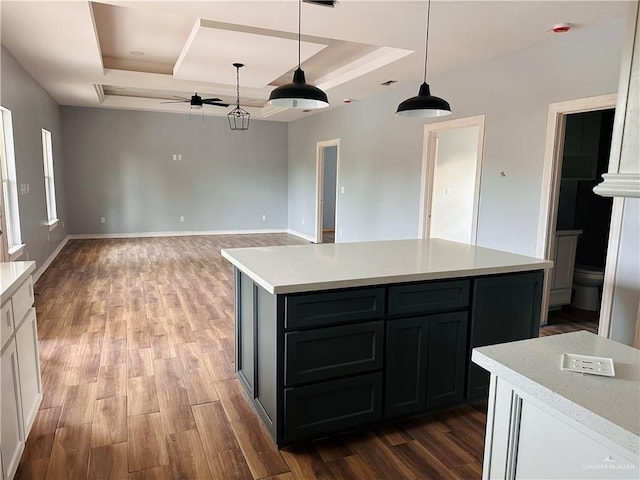 kitchen with a raised ceiling, ceiling fan, decorative light fixtures, hardwood / wood-style floors, and white cabinetry