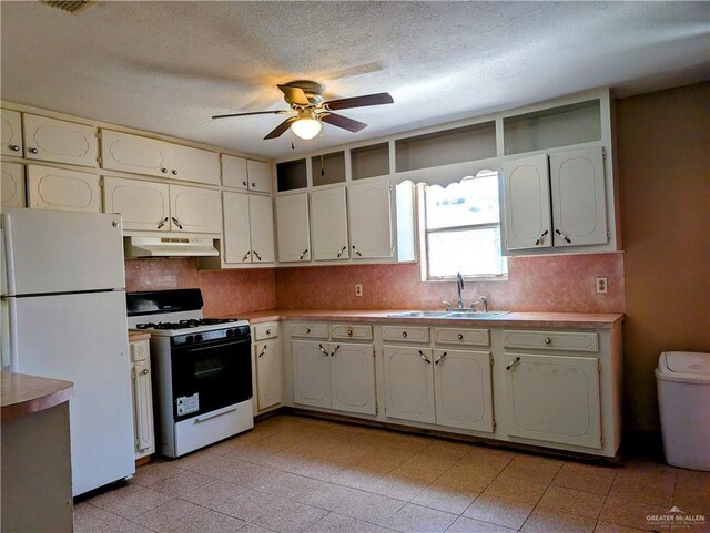 605 8th St, Hidalgo, TX 78557 - kitchen with white appliances, under cabinet range hood, a sink, ceiling fan, and tasteful backsplash