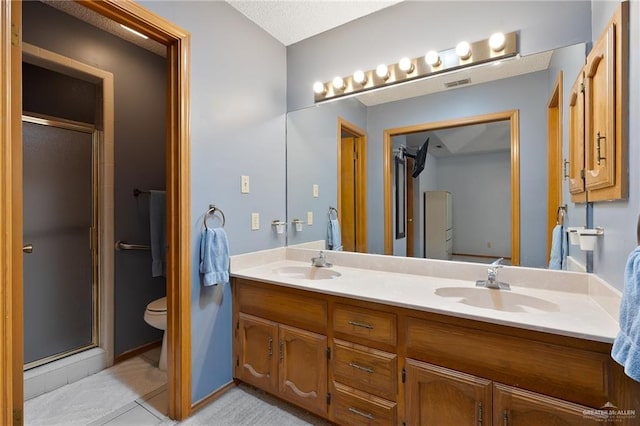 bathroom with vanity, an enclosed shower, and toilet