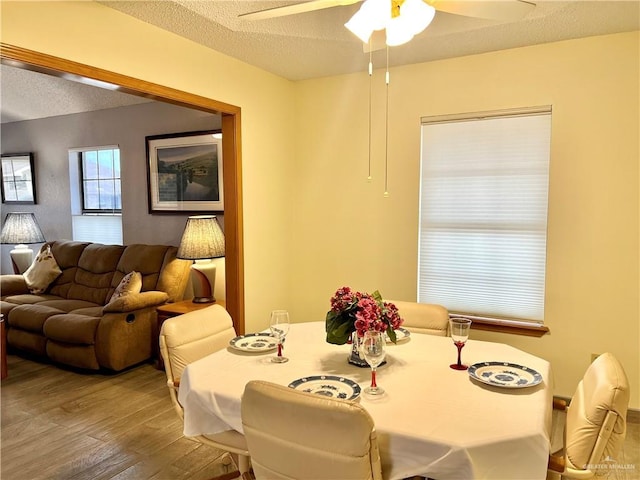 dining area featuring hardwood / wood-style flooring, ceiling fan, and a textured ceiling