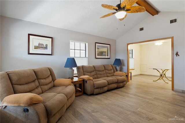 living room with lofted ceiling with beams, light hardwood / wood-style floors, and ceiling fan