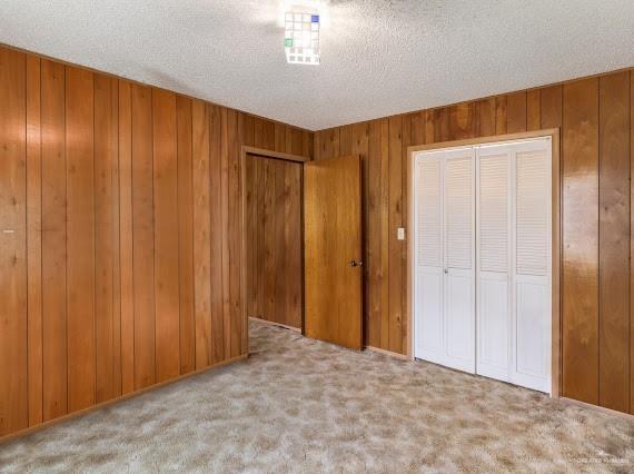 131 N Missouri Ave, Mercedes, TX 78570 - unfurnished bedroom with wooden walls, carpet, two closets, and a textured ceiling