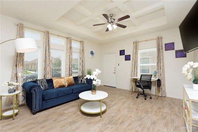 living room featuring coffered ceiling, beam ceiling, light hardwood / wood-style floors, and ceiling fan