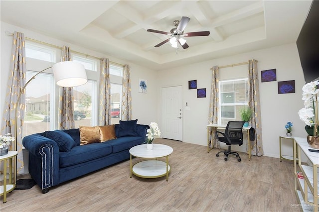 living room with ceiling fan, coffered ceiling, light hardwood / wood-style floors, and beam ceiling