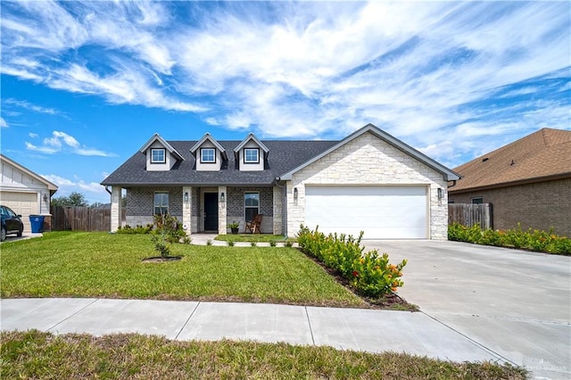 16593 W Mccullar Ct, Harlingen, TX 78552 - new england style home featuring stone siding, driveway, an attached garage, and a porch
