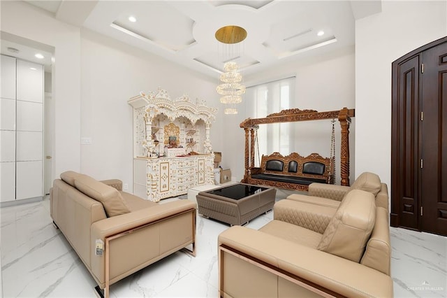 interior space with recessed lighting, coffered ceiling, and marble finish floor