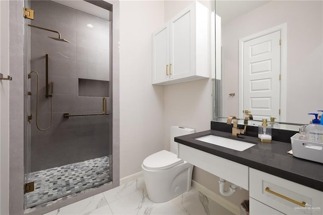 bathroom featuring baseboards, marble finish floor, a sink, toilet, and a stall shower