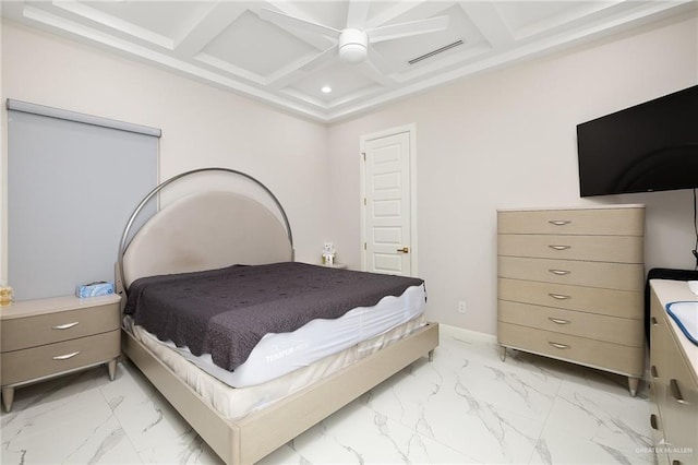 bedroom with marble finish floor, a ceiling fan, visible vents, coffered ceiling, and beamed ceiling