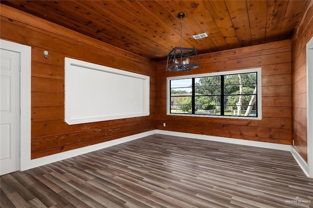 empty room with hardwood / wood-style floors, wood walls, and wood ceiling