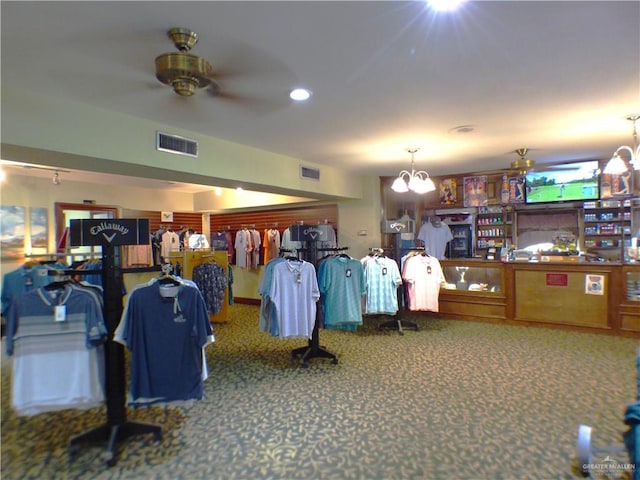 3319 Country Club Dr N, Edinburg, TX 78542 - misc room featuring a chandelier, a ceiling fan, carpet, and recessed lighting