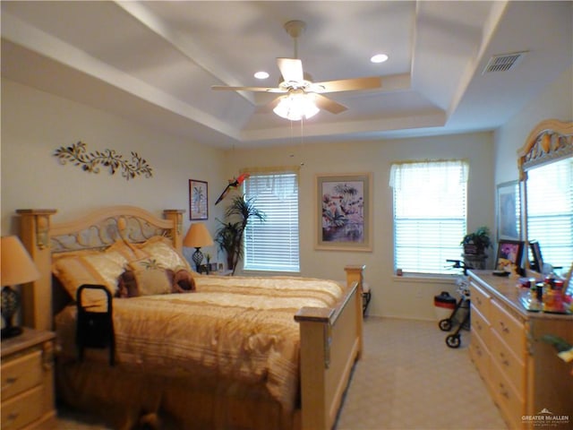 3319 Country Club Dr N, Edinburg, TX 78542 - bedroom with a raised ceiling, baseboards, recessed lighting, and a ceiling fan