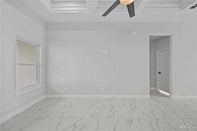 empty room featuring beam ceiling, ceiling fan, and coffered ceiling