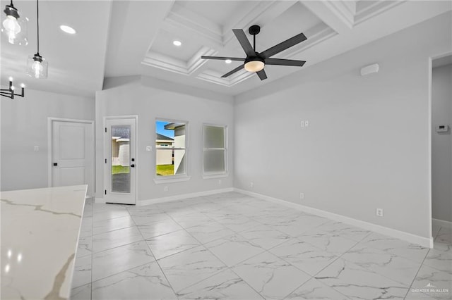 empty room featuring ceiling fan with notable chandelier, beam ceiling, and coffered ceiling