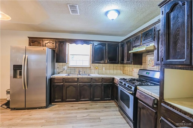 kitchen with decorative backsplash, stainless steel appliances, sink, tile countertops, and light hardwood / wood-style flooring