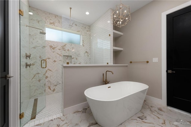 1426 Kalob Cir, Harlingen, TX 78552 - full bath with a stall shower, a freestanding bath, baseboards, marble finish floors, and recessed lighting