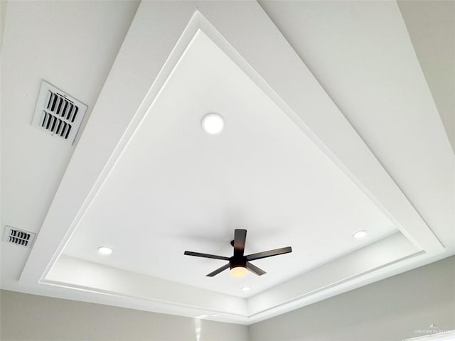 details featuring a raised ceiling and ceiling fan