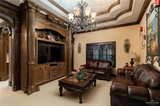 tiled living room featuring crown molding, a notable chandelier, and a raised ceiling