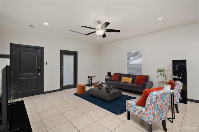 1304 E Camellia Ave Unit 2, Mcallen, TX 78501 - living room featuring light tile patterned floors, recessed lighting, ceiling fan, and baseboards