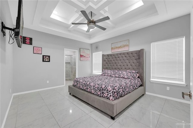 502 Oak Ridge St, Donna, TX 78537 - bedroom with marble finish flooring, ceiling fan, a raised ceiling, coffered ceiling, and beam ceiling
