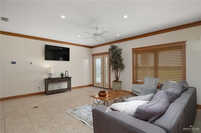 tiled living room featuring french doors, ceiling fan, and ornamental molding