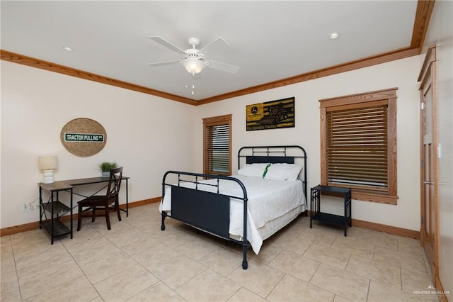 bedroom featuring ceiling fan, ornamental molding, and light tile patterned floors