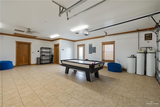 game room with electric panel, ceiling fan, pool table, and ornamental molding