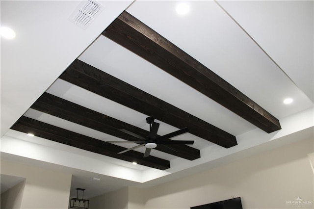 details with beam ceiling and ceiling fan