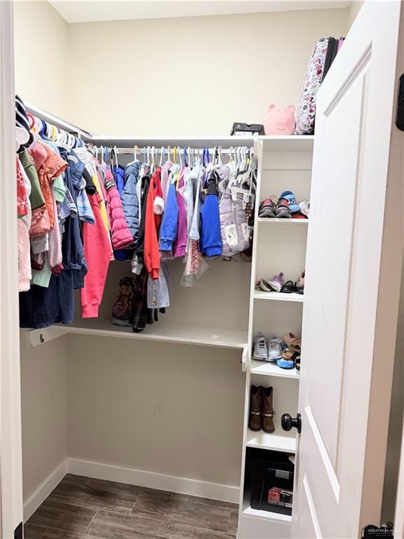 walk in closet featuring dark wood-type flooring