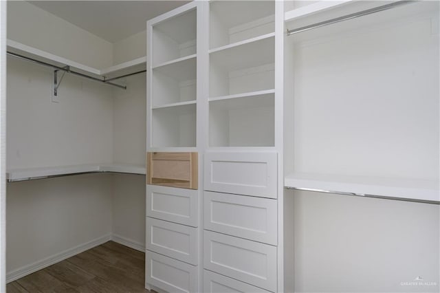 spacious closet with dark wood-style floors