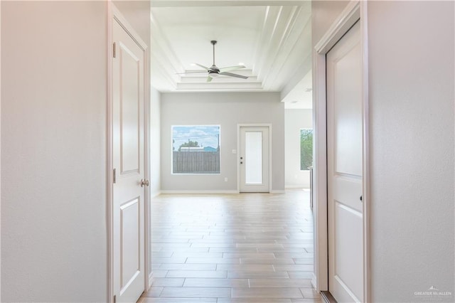 hall with light wood-type flooring and a raised ceiling