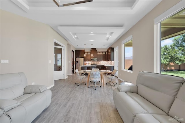 4001 Santa Erica St, Mission, TX 78572 - living area with a tray ceiling, light wood finished floors, baseboards, and recessed lighting
