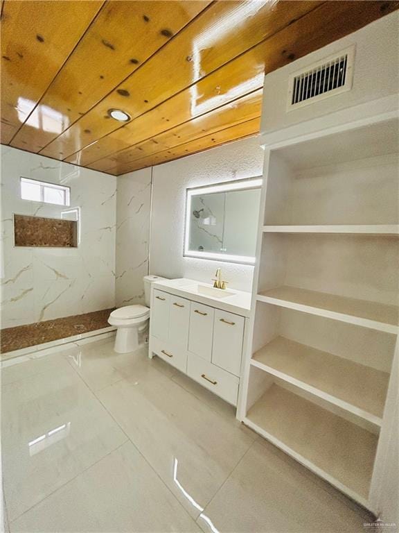 bathroom featuring vanity, wood ceiling, toilet, and walk in shower