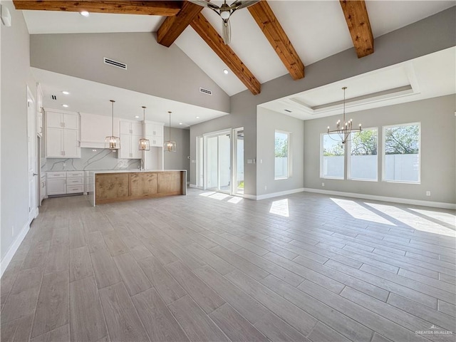 unfurnished living room featuring visible vents, beam ceiling, high vaulted ceiling, light wood-style floors, and baseboards