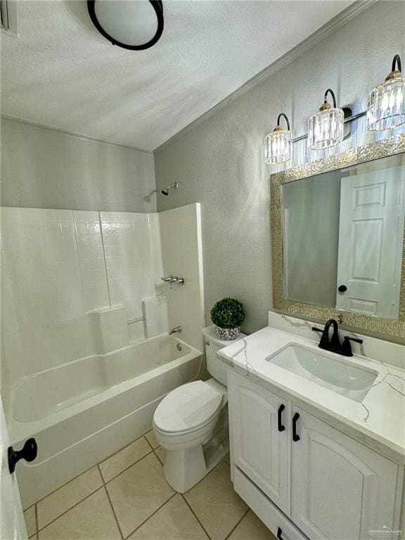 full bathroom featuring a textured ceiling, vanity, shower / tub combination, tile patterned flooring, and toilet