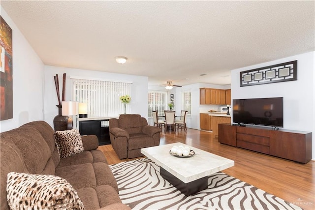 200 E Yuma Ave Unit 5, Mcallen, TX 78503 - living room with light wood-style flooring, a textured ceiling, and a ceiling fan