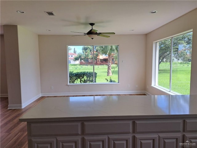 kitchen featuring dark hardwood / wood-style floors and ceiling fan